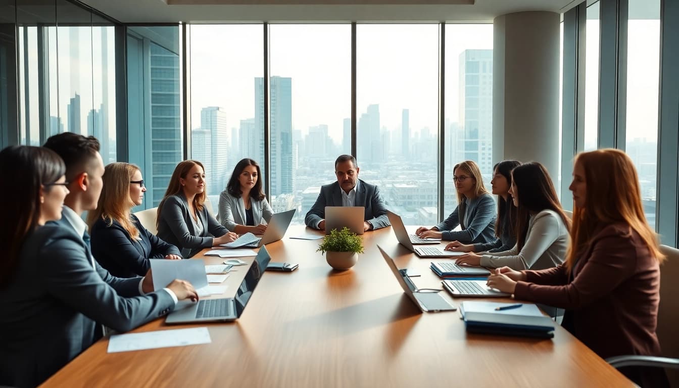 Business professionals collaborating in a bright office space, engaging in strategic discussions.