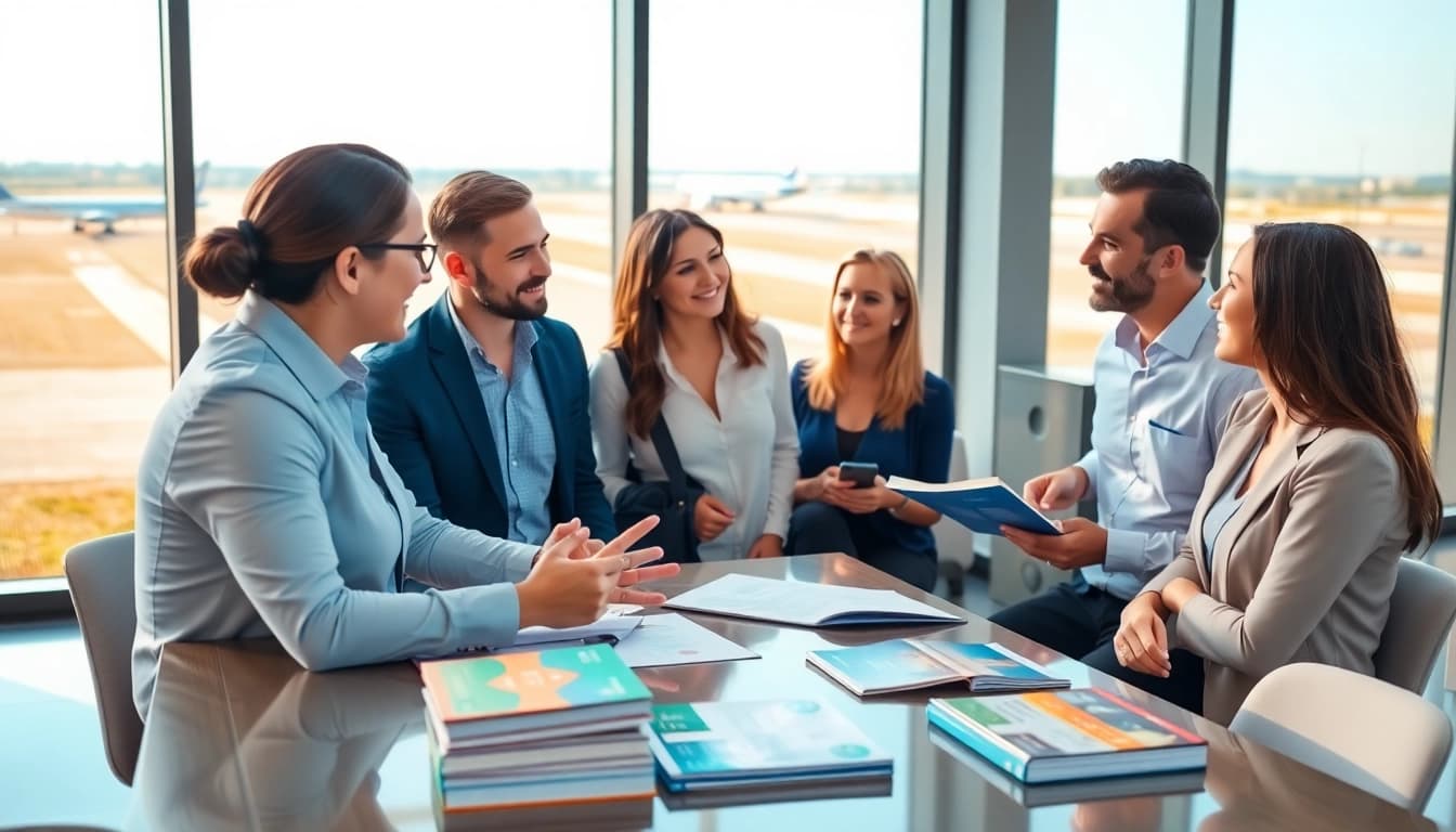 Explore flight insurance details with a travel agent in a modern office.