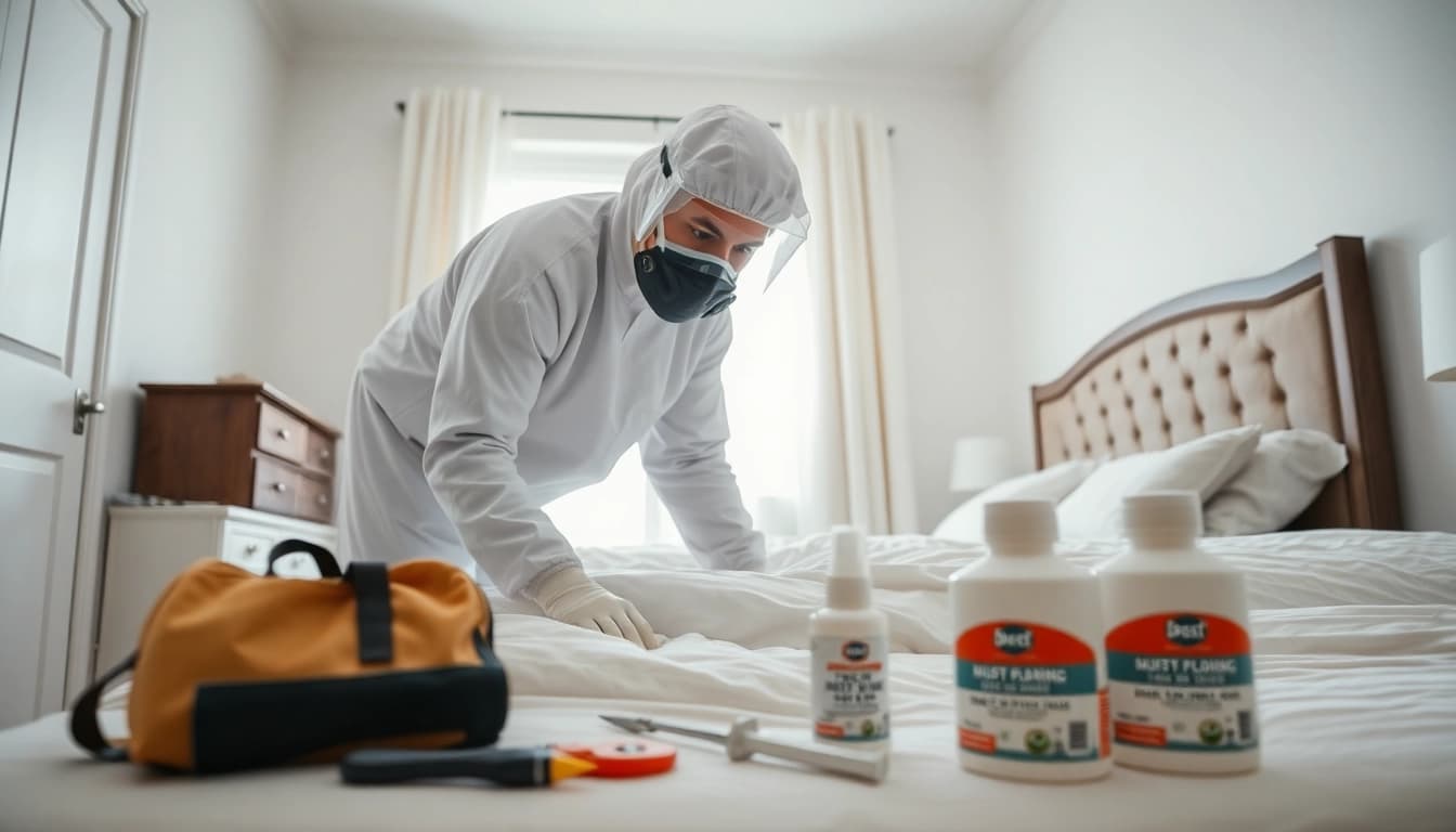 Bed bug exterminator expertly inspecting a bedroom for signs of infestation.