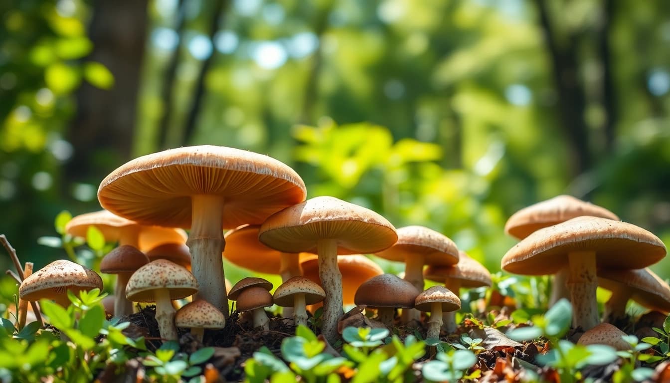 Buy psychedelics online Canada with vibrant psychedelic mushrooms in a serene forest setting.