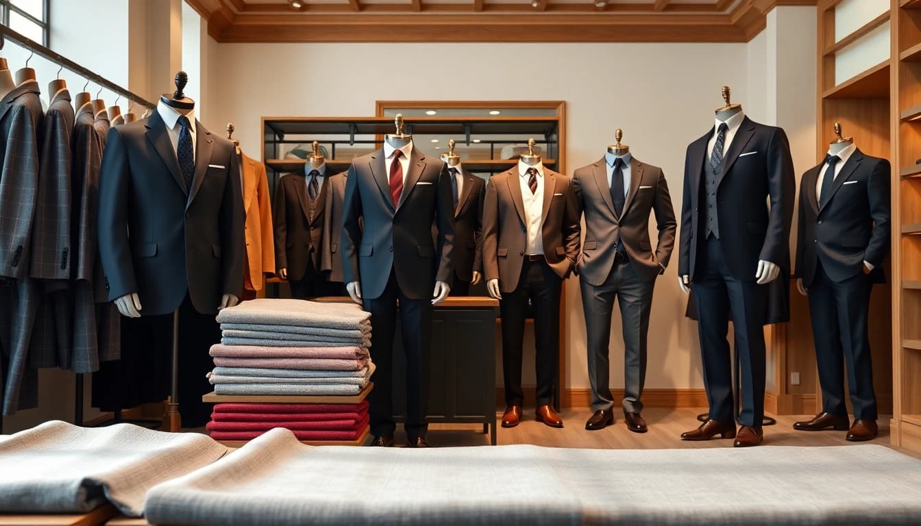 Bespoke custom made suits arranged elegantly in a stylish boutique, showcasing high-quality craftsmanship.