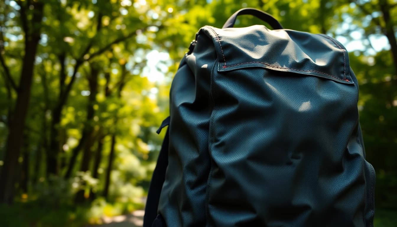 Rucksack nachhaltig aus lkw plane in der Natur, zeigt seine langlebige und umweltfreundliche Bauweise.