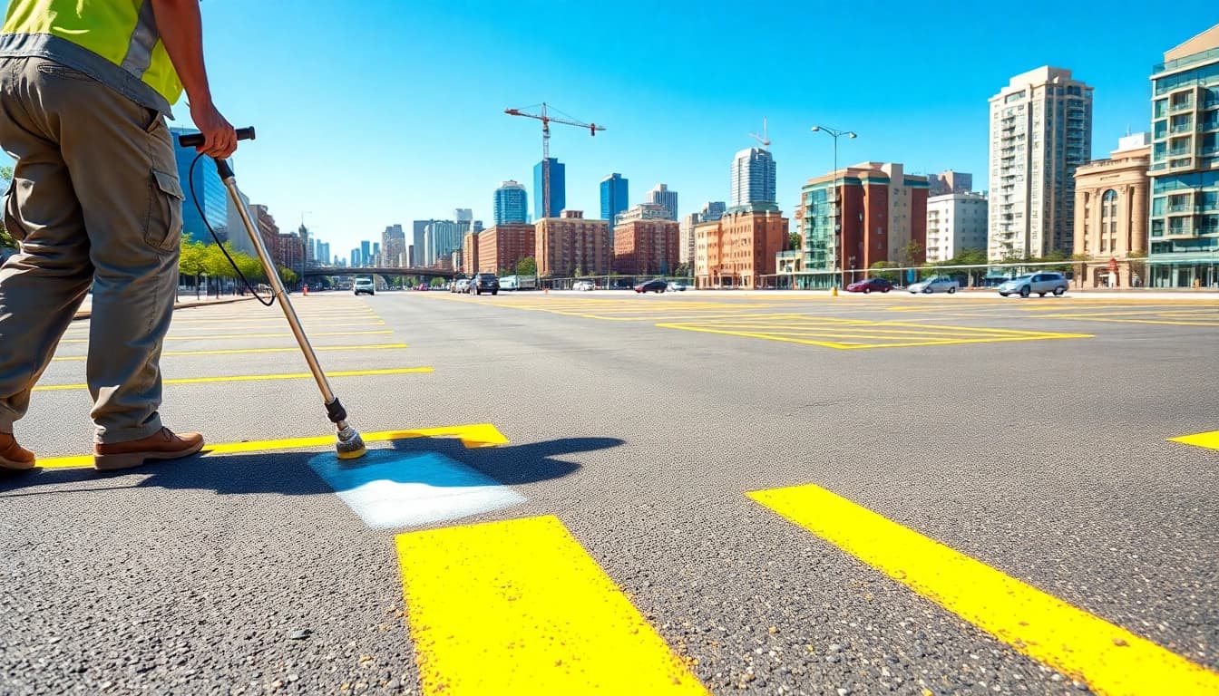 Freshly completed parking lot striping near me with bright yellow lines in an urban setting.