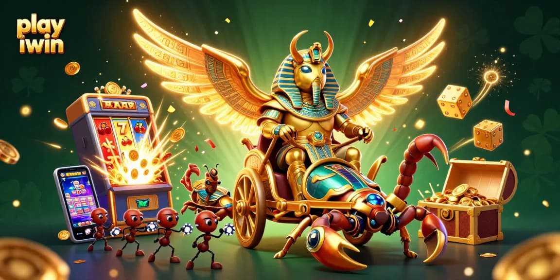 Play iwin with a colossal scarab and golden scorpions in an exciting casino scene.
