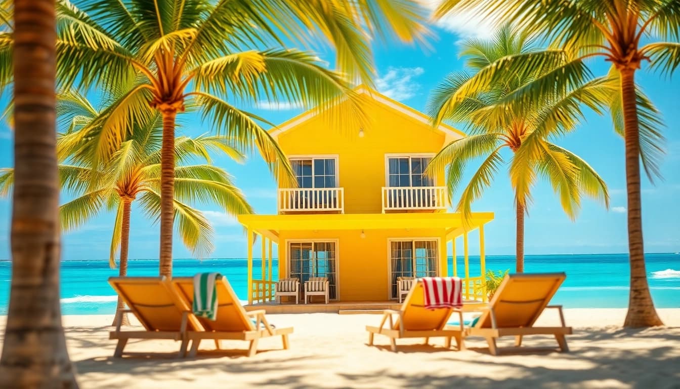 Relax in a beautifully designed coastal cabana with stunning ocean views and palm trees.