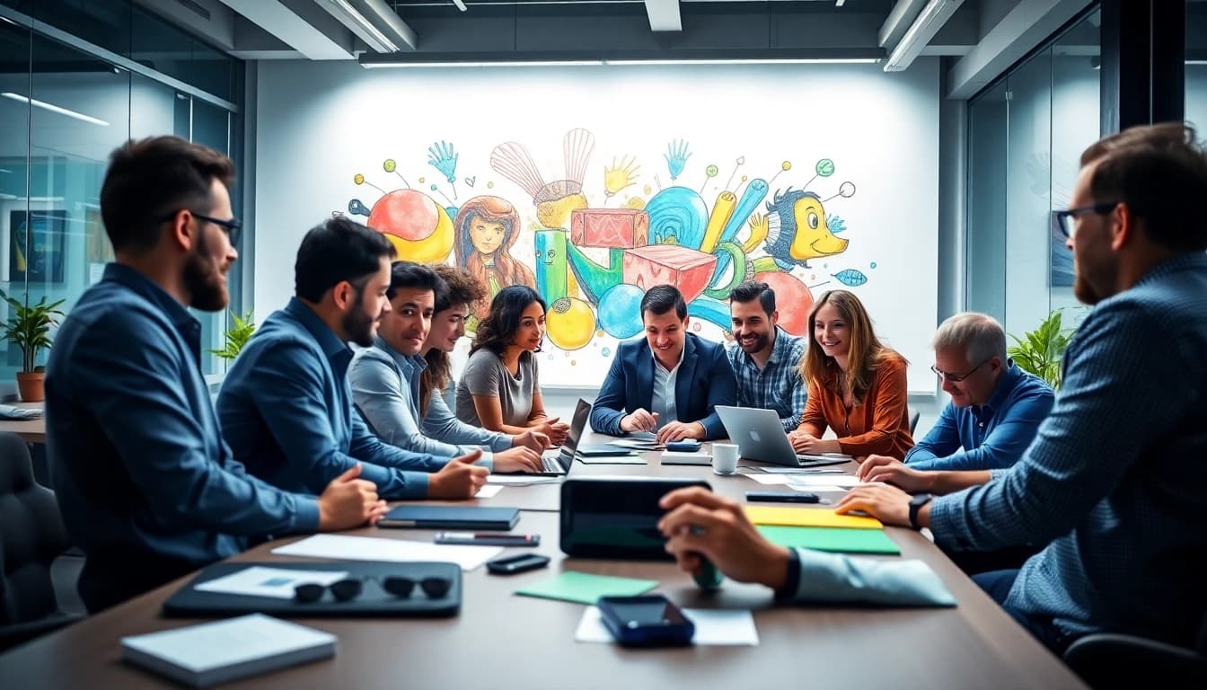 Engaged team brainstorming about JBO branding in a vibrant office environment.