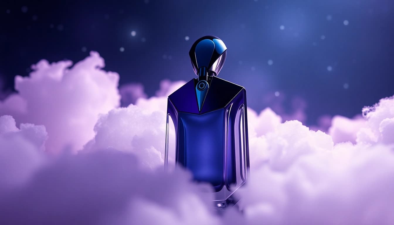 Admire the enchanting Alien Mugler bottle surrounded by mystical clouds and stars.