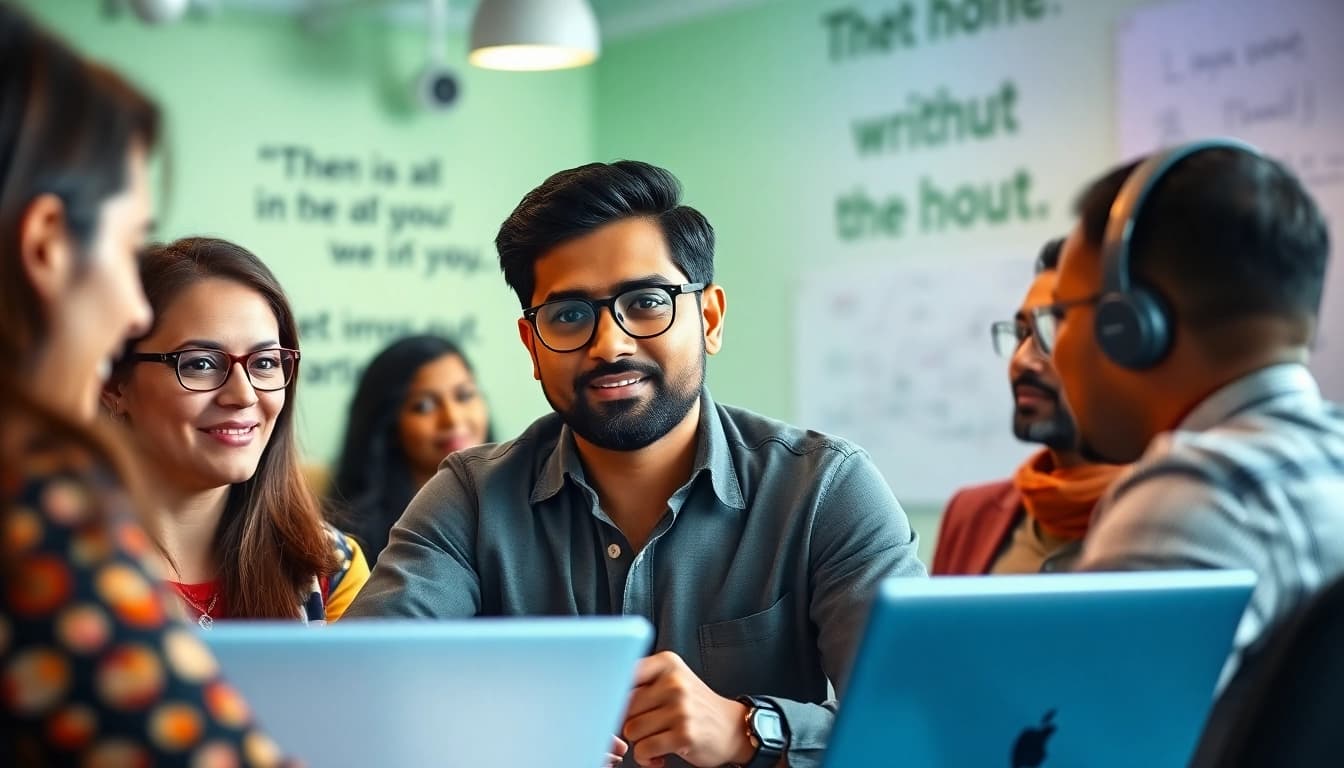 Empowering Indian entreprenure collaborating with a diverse team in a modern workspace.