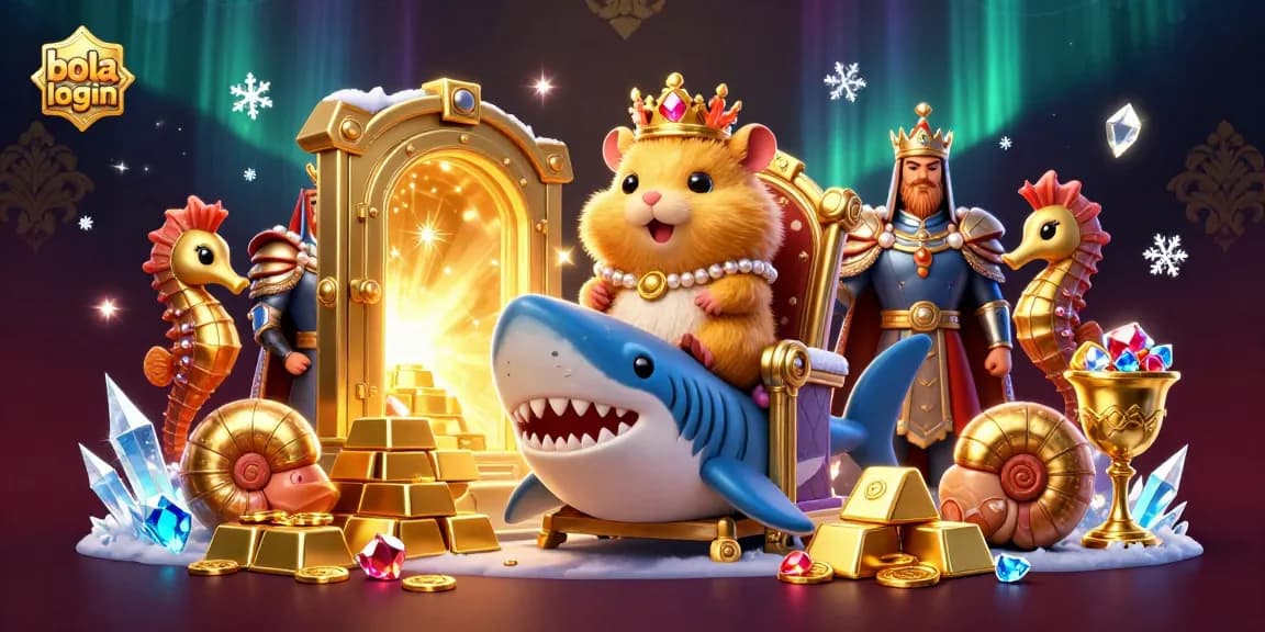 Join the action with bola login on a vibrant gaming scene featuring a regal hamster king and treasure elements.