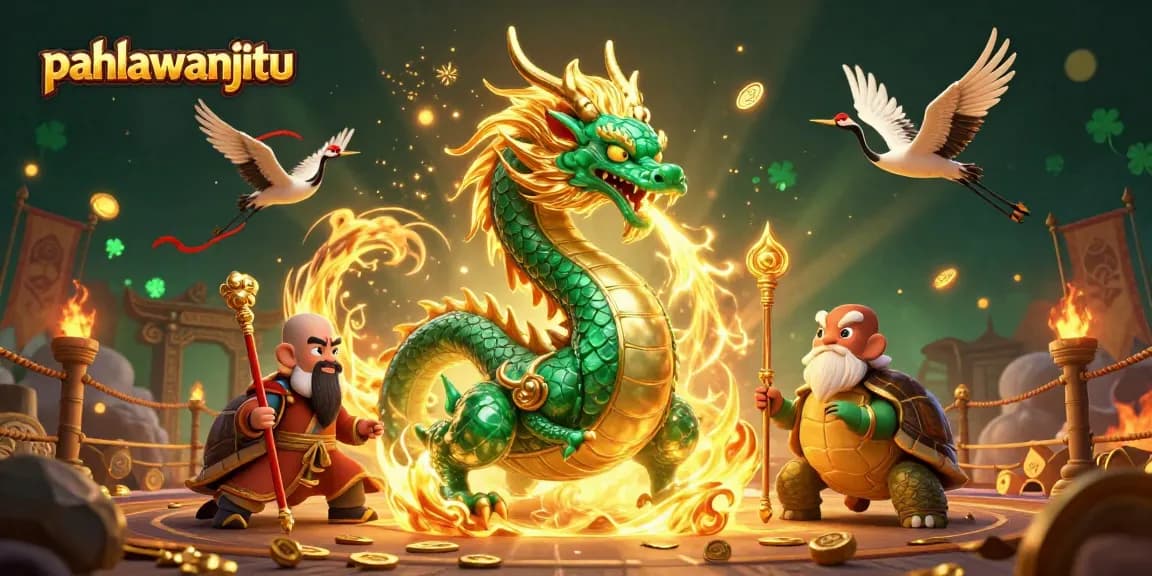 Pahlawanjitu highlights a powerful dragon amid golden casino elements, embodying excitement in gaming.