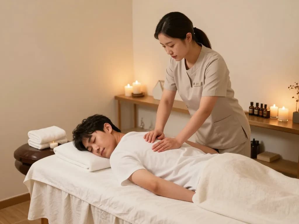 편안한 웰니스 센터에서 남성 고객이 편안한 마사지를 즐기는 포항스웨디시 치료 장면.
