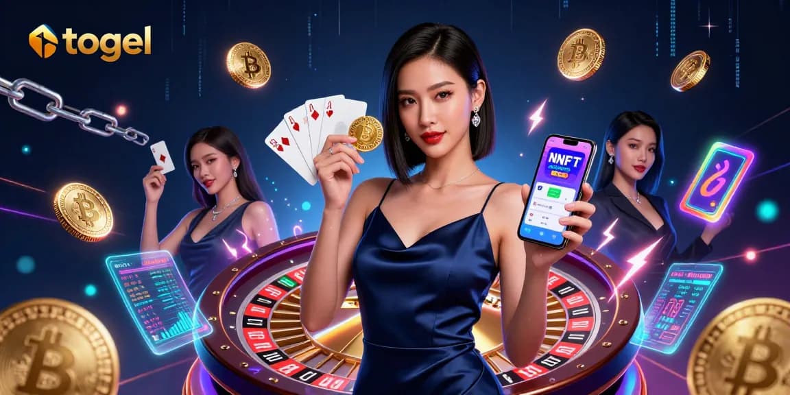 Experience the thrilling togel gameplay with a stunning Asian woman showcasing casino apps and golden chips.