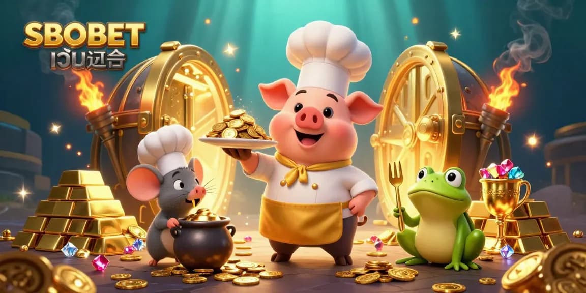 Experience the excitement of SBOBET เว็บตรง with golden coins and lively characters in a rich casino scene.