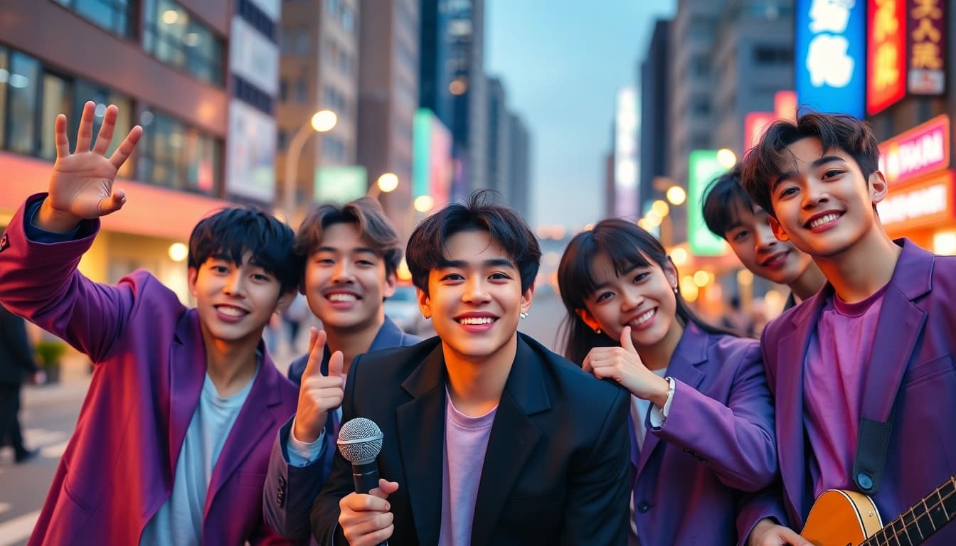 BTS members showcasing their vibrant personalities in an urban setting with energetic poses.