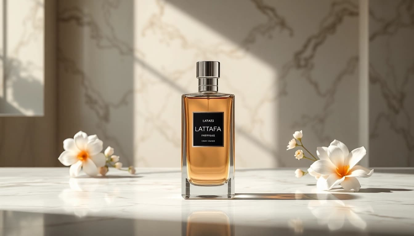 Lattafa parfum flacon mooi gepresenteerd met elegante details op marmeren achtergrond.