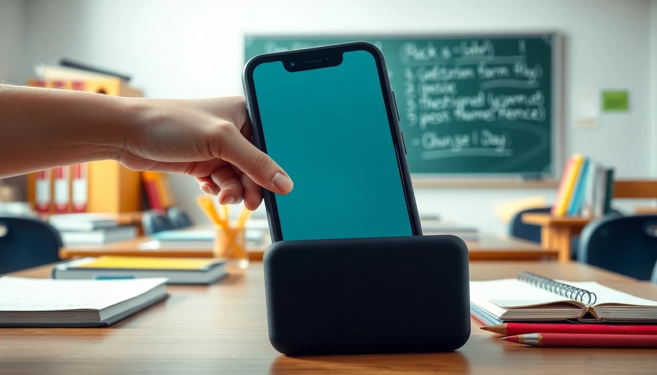 Handytasche Klassenzimmer präsentiert in einem Klassenzimmer mit Schulmaterialien.