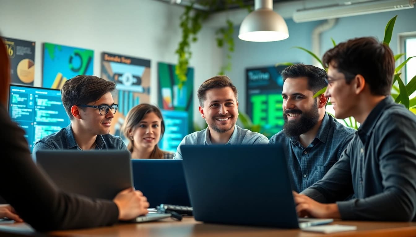 Professional collaboration within a web development company demonstrating team dynamics in tech.