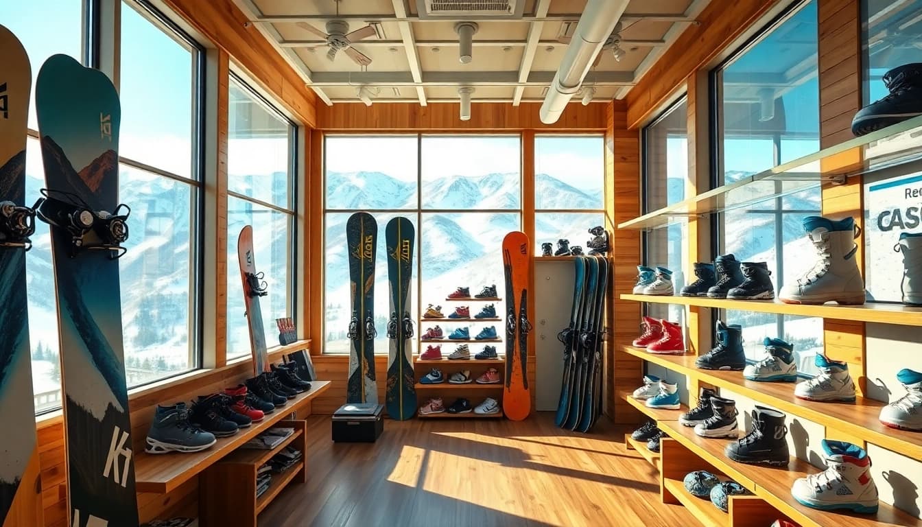 Shop the best equipment at a vibrant snowboard store with snowboards on display.