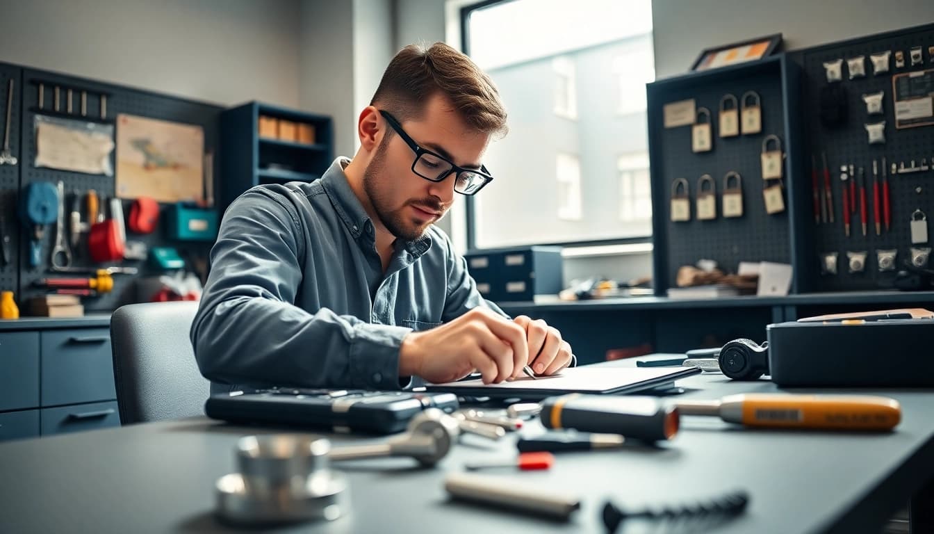 Best Commercial Locksmiths in Missouri assisting clients with high-security locks and tools in a modern office.