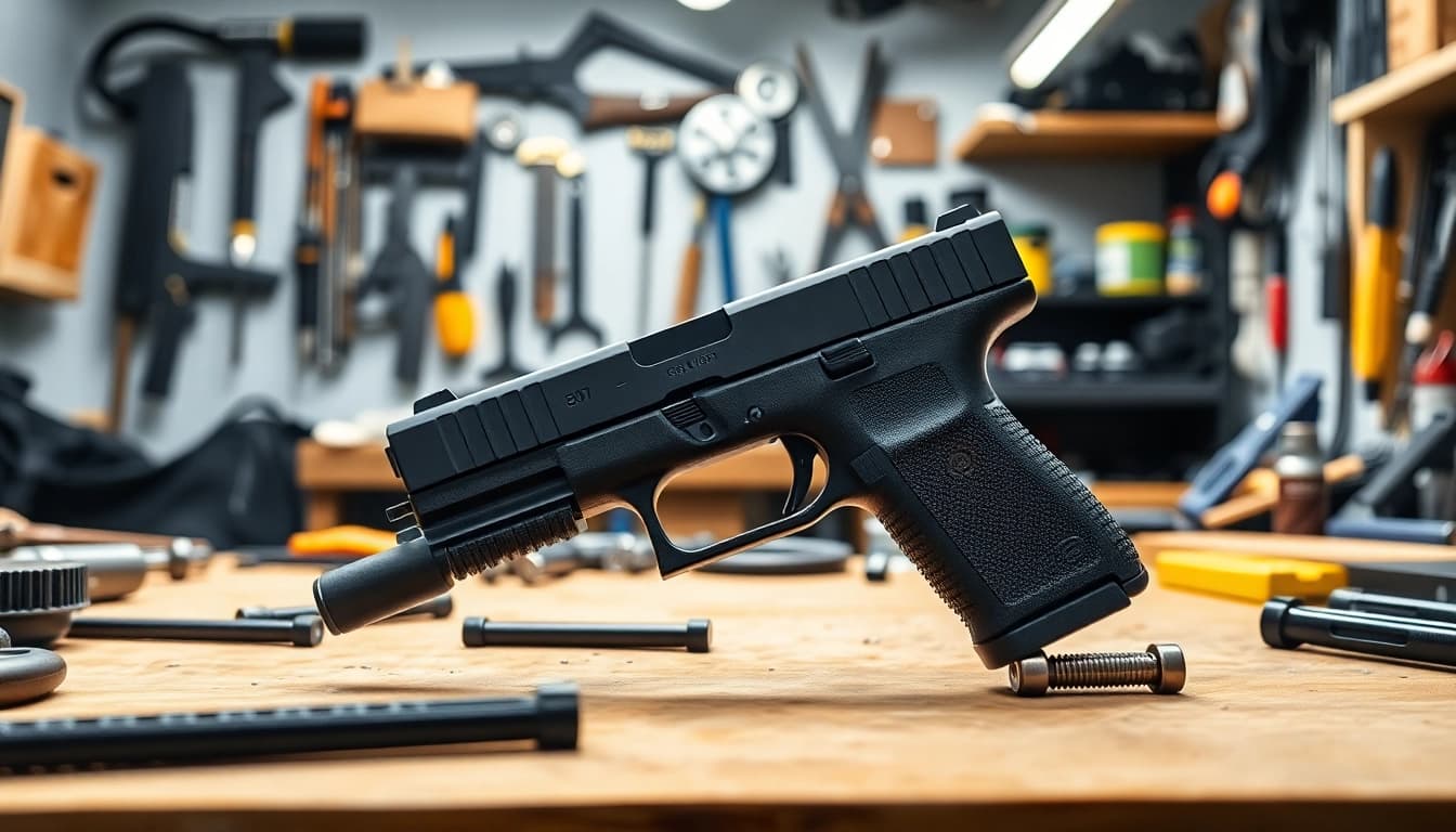 Showcasing a polymer 80 glock 19 on a workshop bench with tools, emphasizing its detailed craftsmanship.