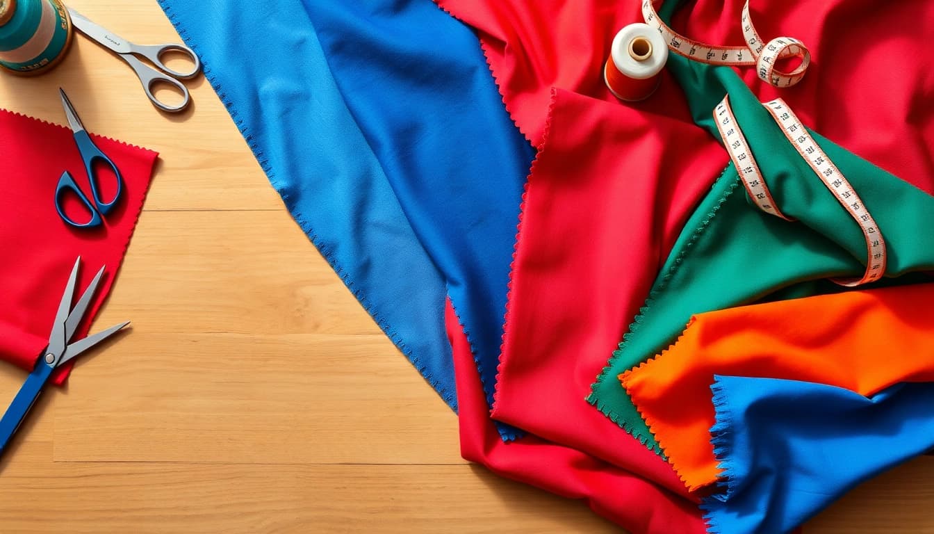 Stoffen voor kleding maken in verschillende kleuren en patronen op een naaitafel.