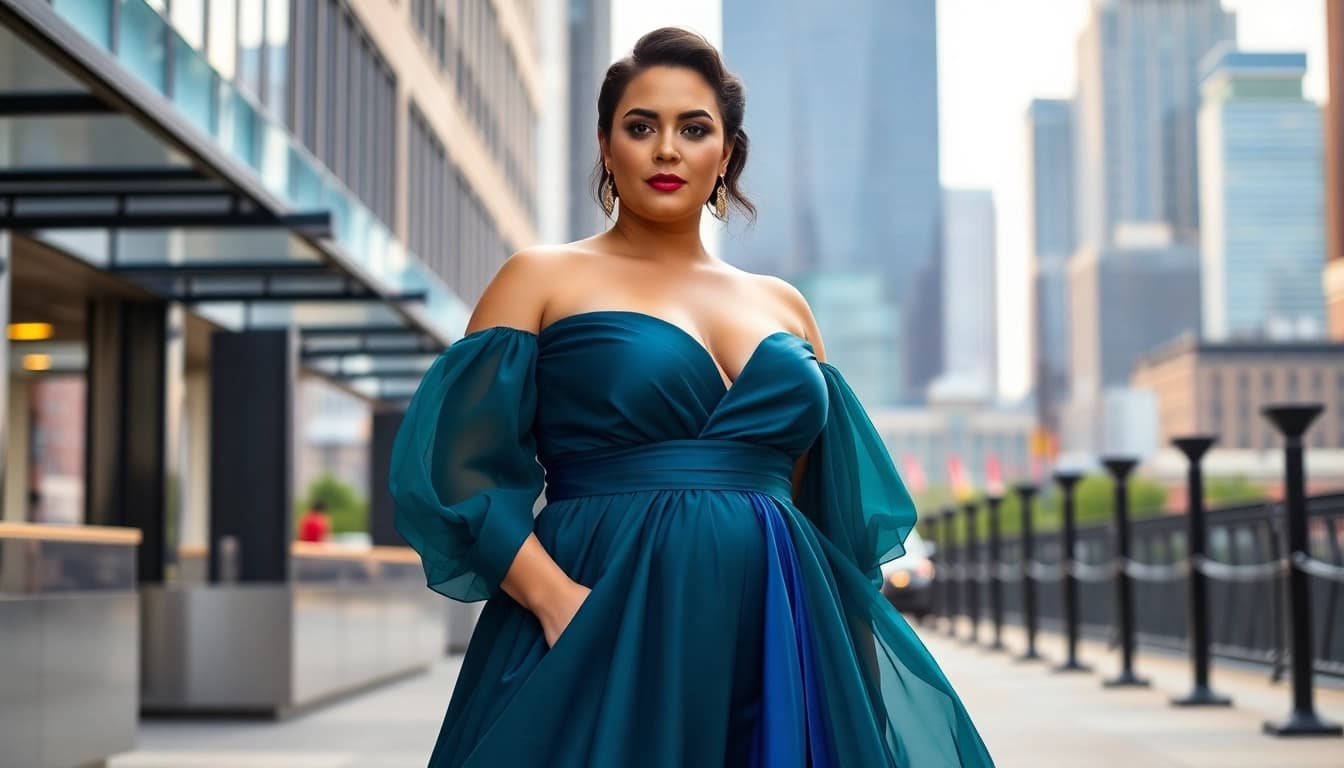 Showcase stylish plus-size attire at https://primadonsanddonnas.com featuring custom designs in a vibrant urban setting.