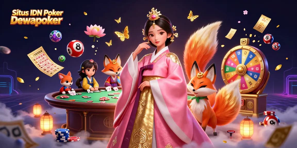Situs IDN Poker Dewapoker showcases an Asian woman in hanbok surrounded by vibrant poker elements.