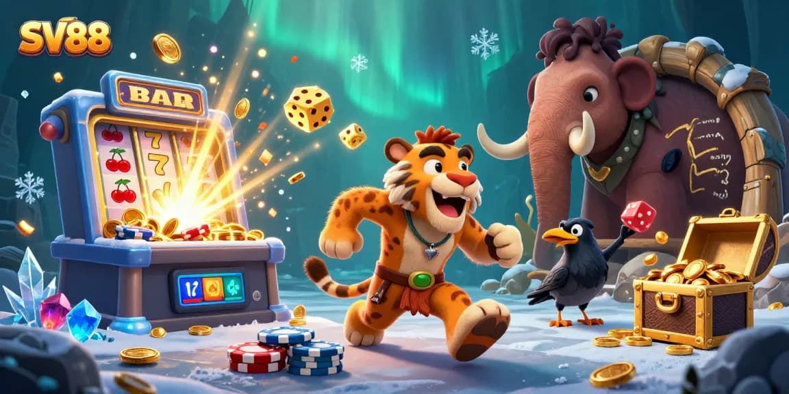 SV88 enhances gaming experience with a vibrant prehistoric casino scene packed with thrill and excitement.
