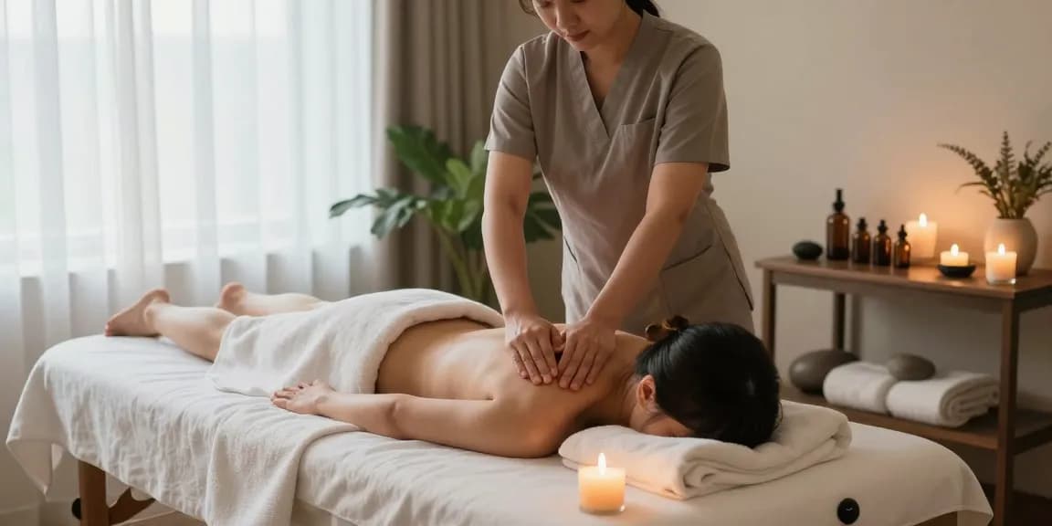 스웨디시 마사지 중인 모습, 아로마 촛불과 자연 요소가 있는 편안한 스파 환경