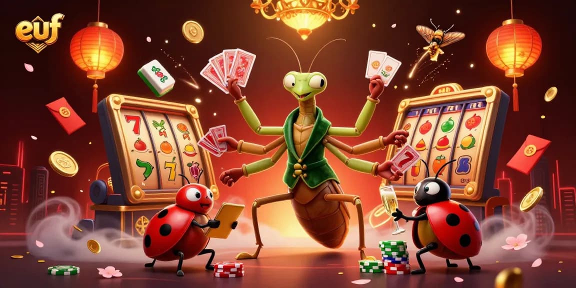 euf casino scene with vibrant characters, showcasing slot reels, gold coins, and celebrations