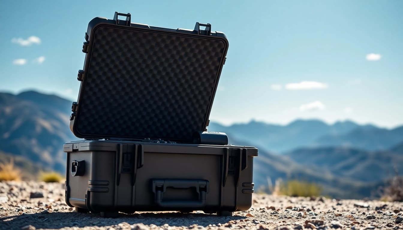 Showcasing a durable hard case with protective features in an adventurous outdoor setting.