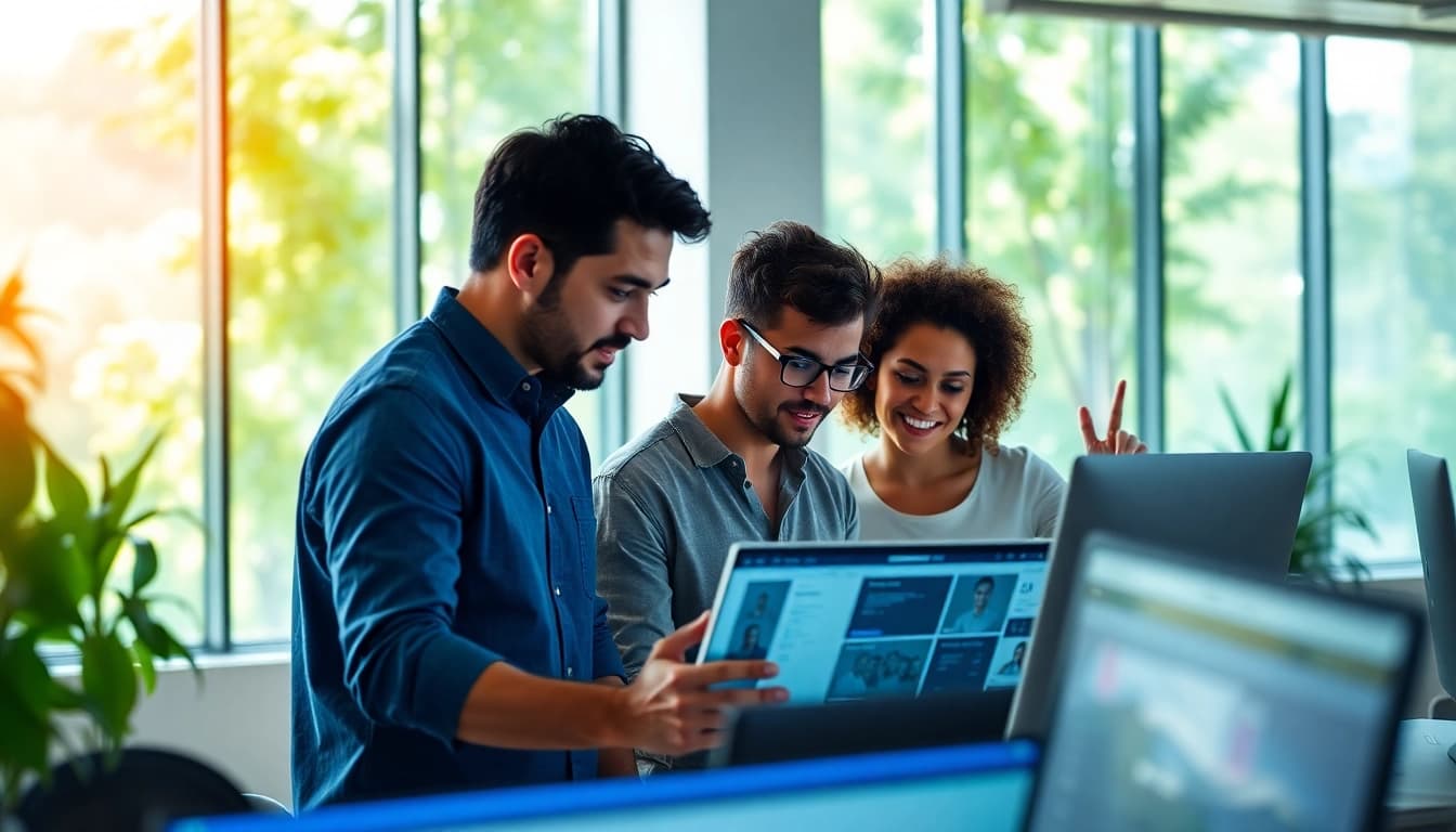 Team collaborating on web design strategies at https://wpedition.com in a bright, modern workspace.