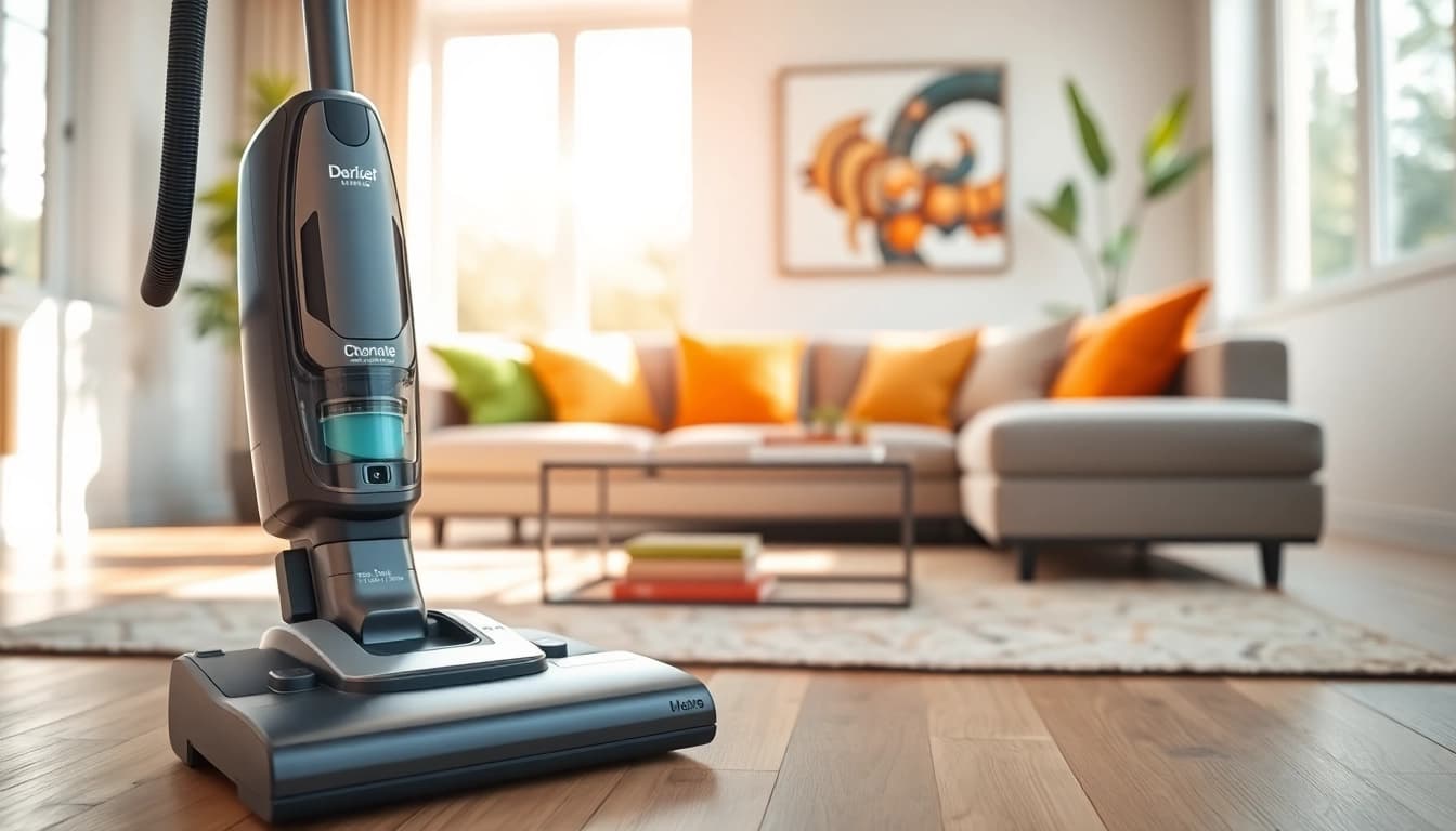 Effortlessly clean with a sleek vacuum in a stylish modern living room.