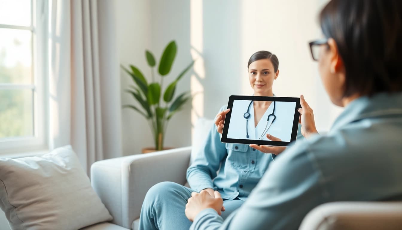 Engaging AI Therapist offering support in a tranquil setting to promote mental well-being.