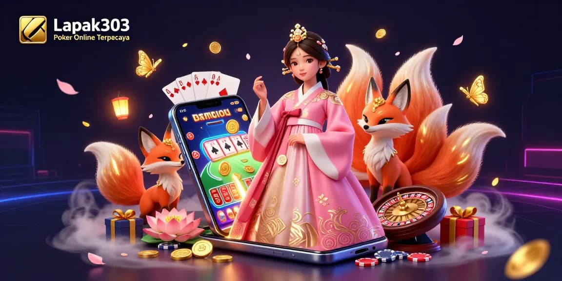 Engage in Lapak303 Poker Online Terpercaya, featuring a lively 3D scene with Asian influences and casino magic.
