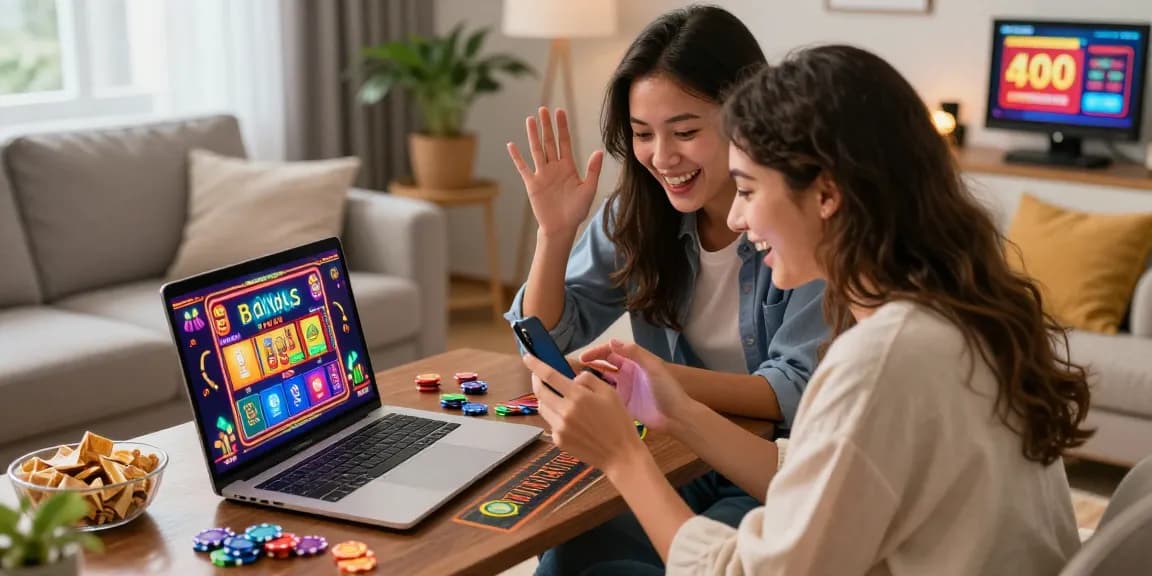 The best credit card casinos in a lively home gambling experience featuring a couple excitedly playing slots, with credit card logos and vibrant casino graphics.