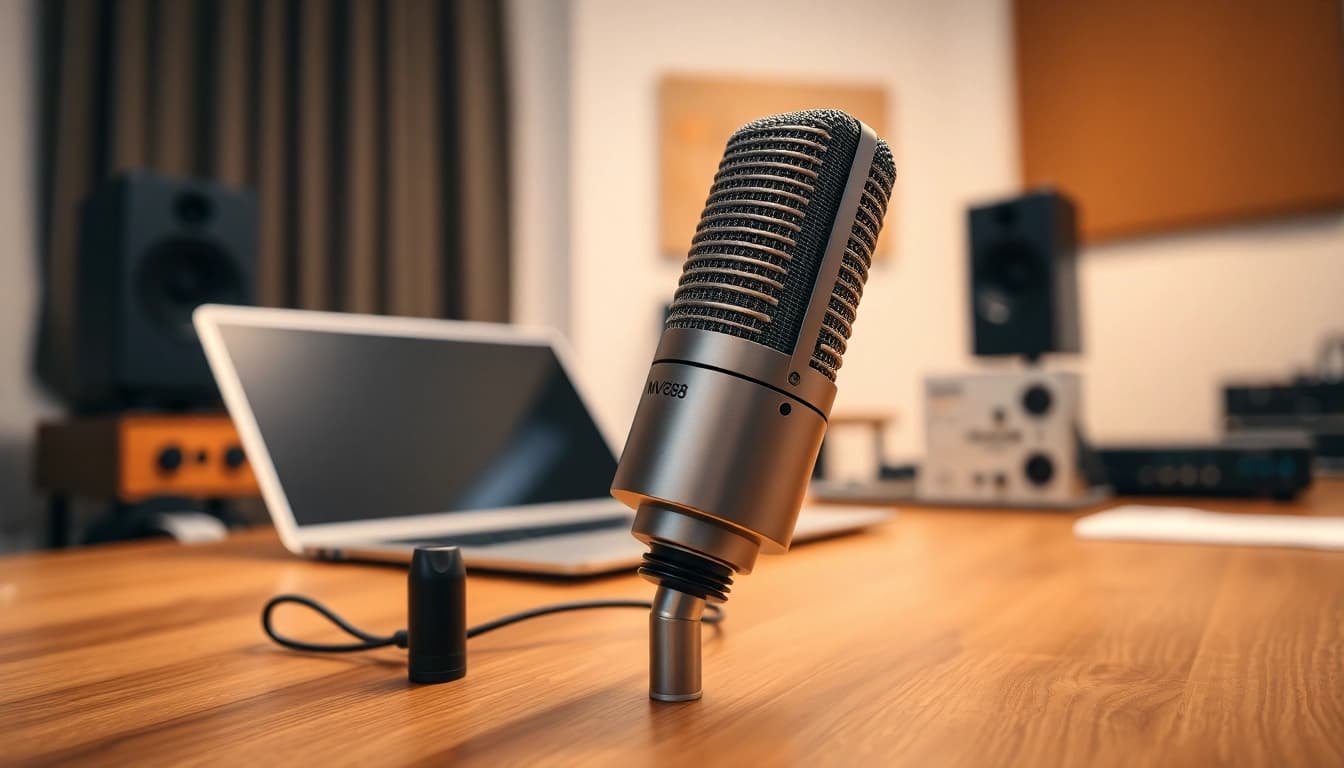 Capture the essence of the MV 88 microphone in a modern studio setting.