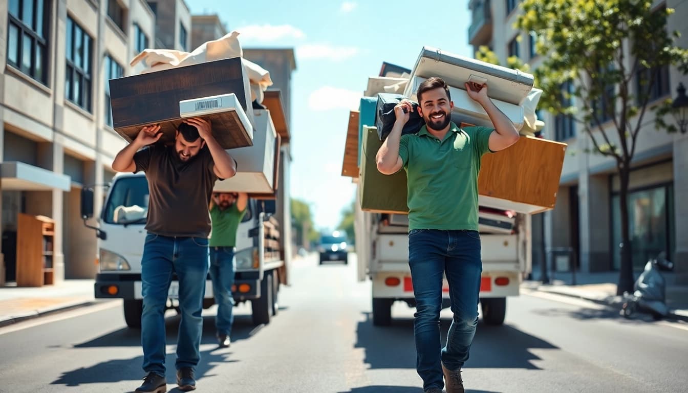 Efficient junk removal process by https://myeasyjunkremoval.com team showcasing teamwork and community cleanup.