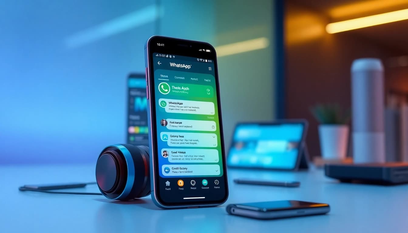 FM WhatsApp download interface showcasing vibrant themes and features in a modern tech setting.