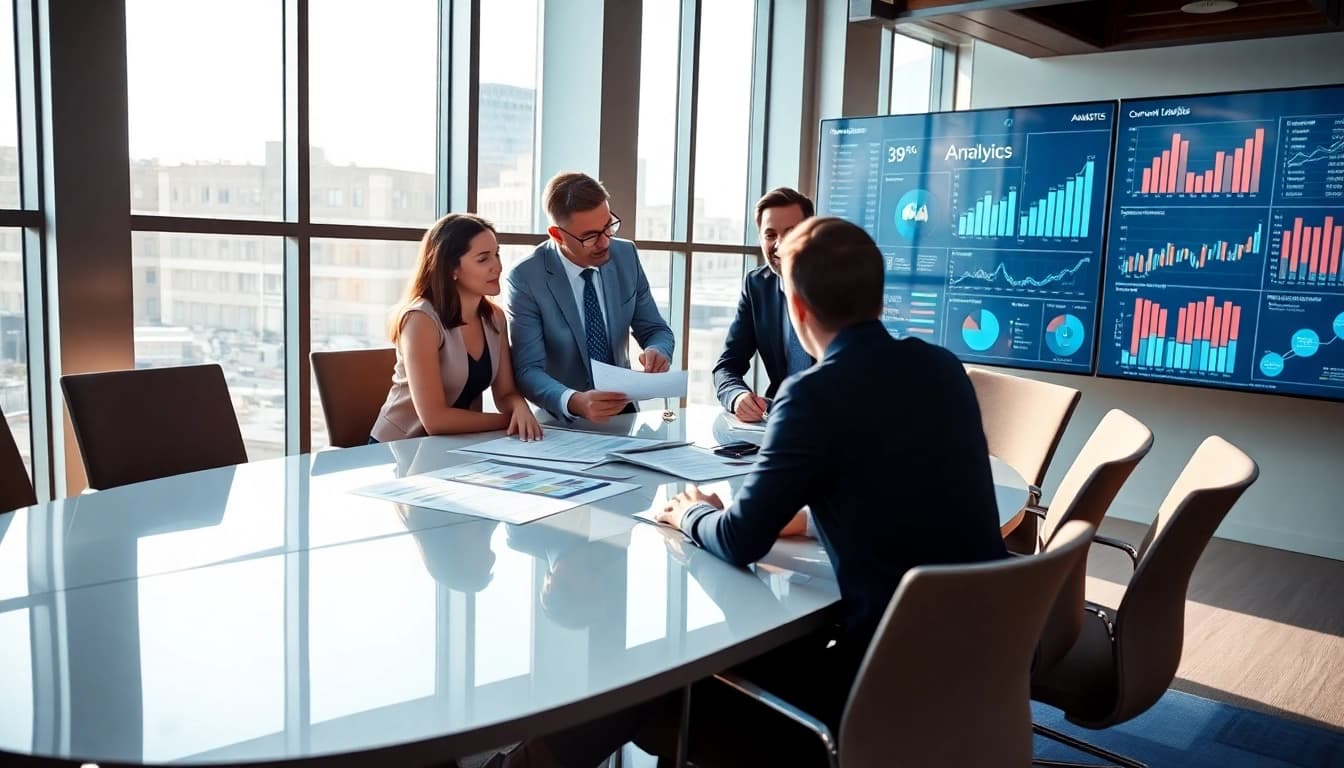 Analyze content gaps with a dedicated team in a high-tech office setting, showcasing data-driven strategies.