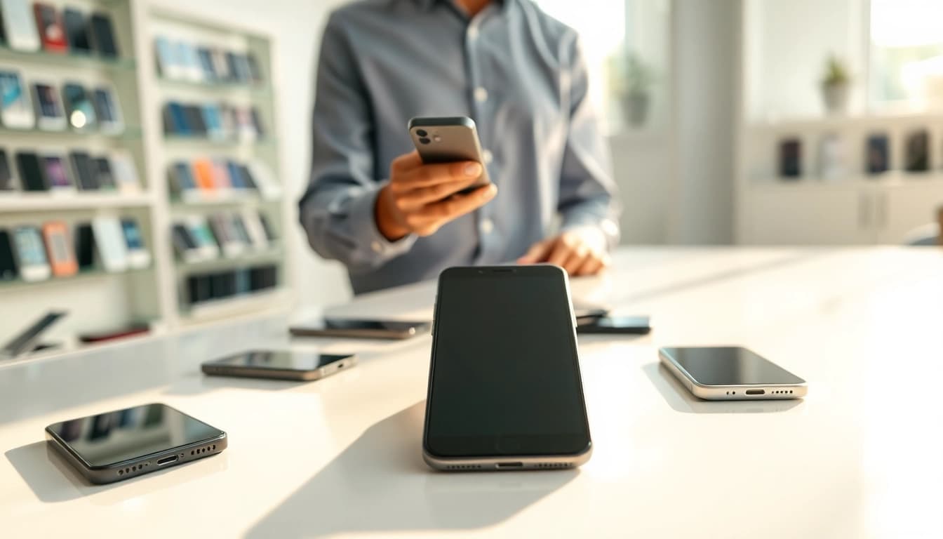 Sell your i phone with expert evaluation in a bright, modern smartphone shop.