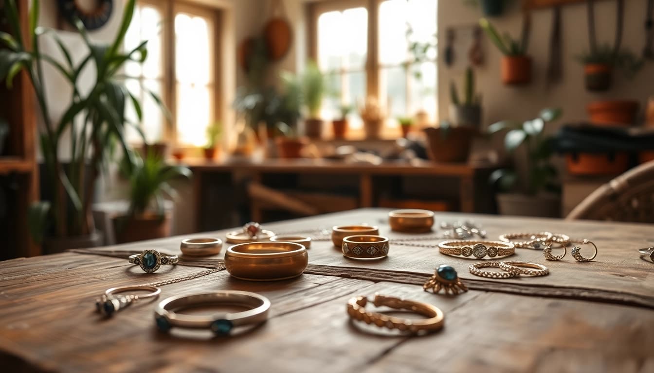 Showcase handcrafted jewelry from https://www.lyliarose.com on a rustic wooden table.