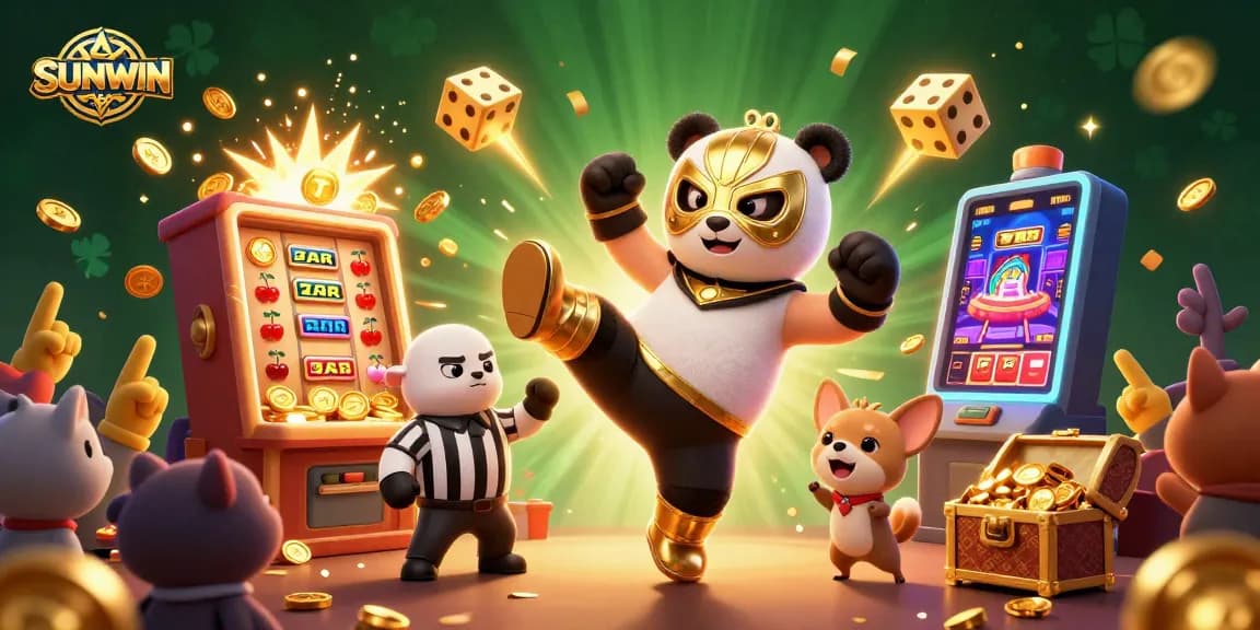 SUNWIN players enjoy a dynamic casino experience with vibrant characters and exciting game elements in this colorful illustration.