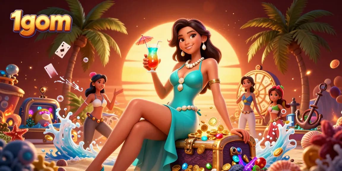 Engage with 1gom in a vibrant tropical casino scene filled with gold coins and dynamic game elements.