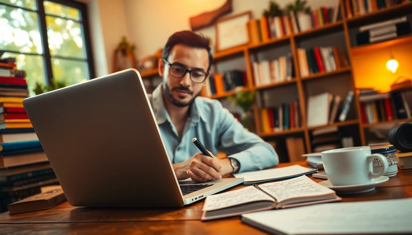 Crafting a guestpost in a cozy workspace with a professional writer focused on ideas.