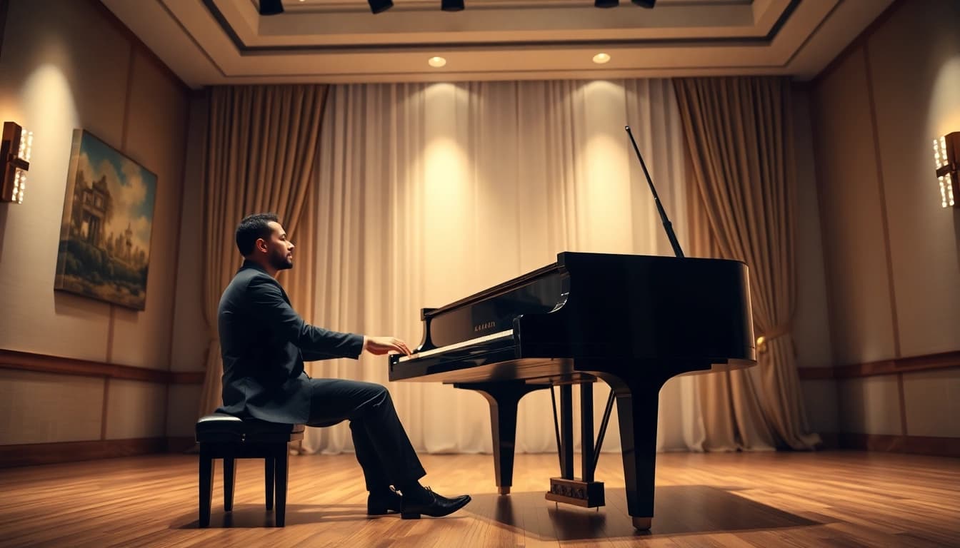 Stream solo piano music smoothly with https://whisperings.com.ua in a serene concert setting.