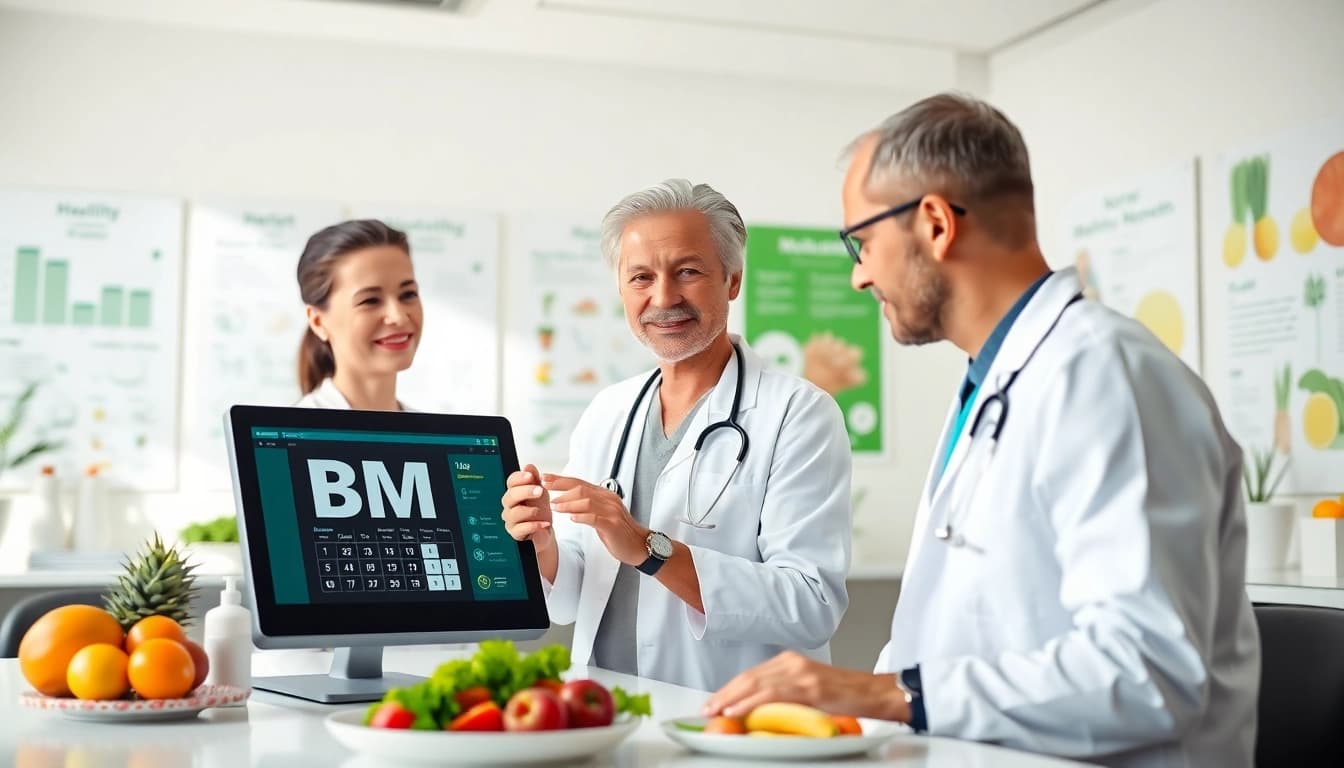 Calculate body mass with a bmi calculator at a healthcare clinic, showcasing patient interaction.