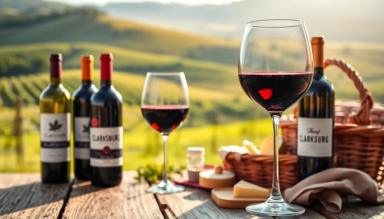 Enjoying Clarksburg wine tasting amidst a beautiful vineyard setting with rich red wine.