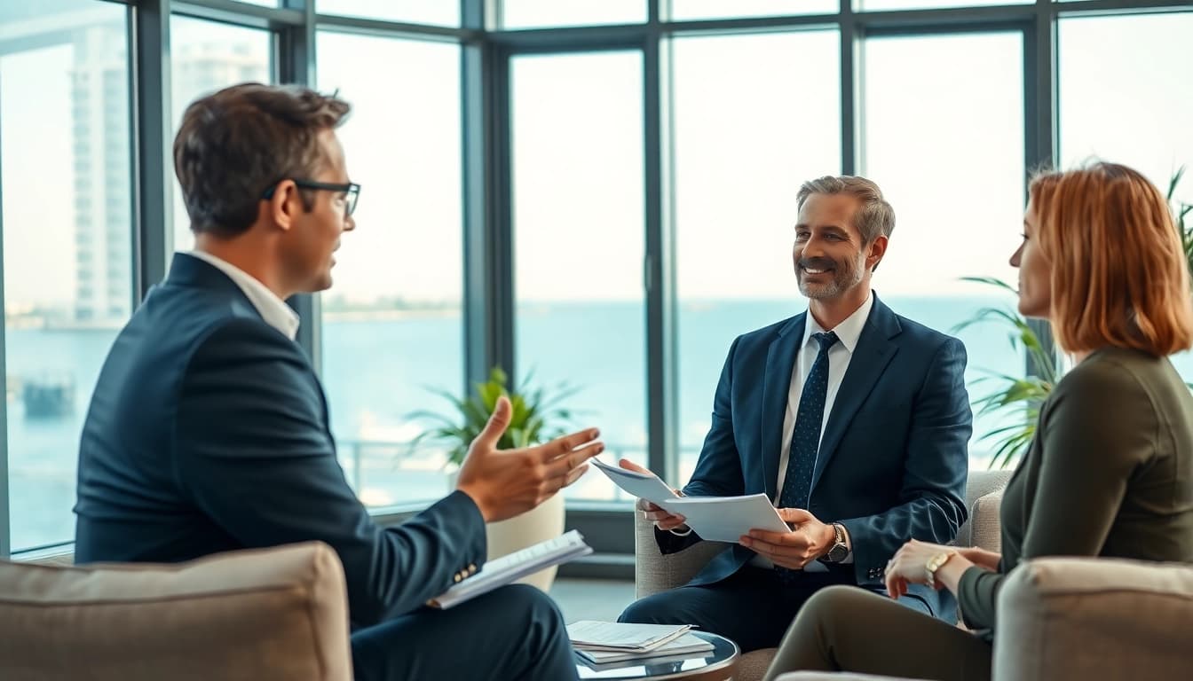 Palm Harbor Divorce Lawyer consulting clients in a professional office setting with beautiful views.
