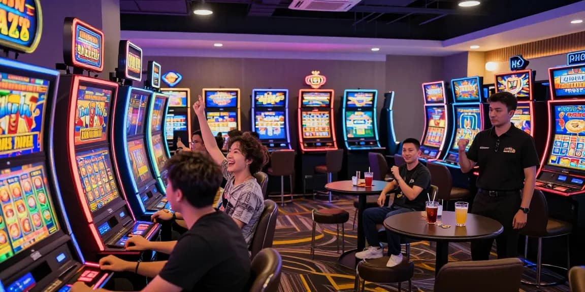 Situs slot gaming center with players celebrating wins at colorful machines, vibrant atmosphere showcasing excitement.